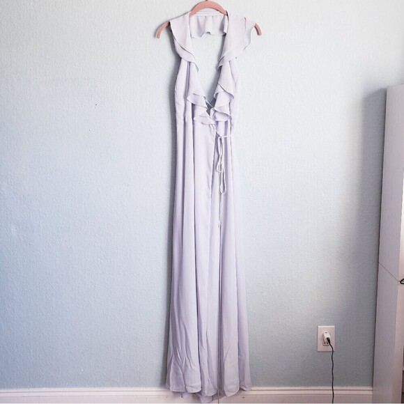 Wayf The Riley Lace-Up Back Wrap Evening Dress in Ocean Mist - Picture 2 of 9